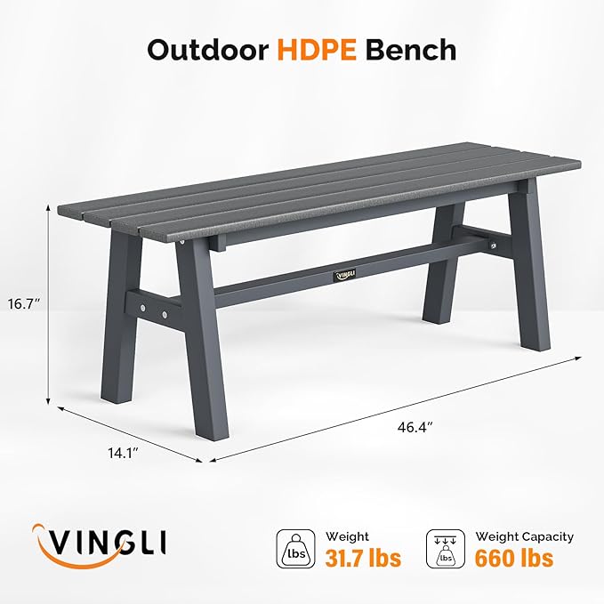 VINGLI 47” Outdoor Bench Garden Bench HDPE Porch Bench w/Metal Legs, Poly Lumber Patio Bench - Photo 3