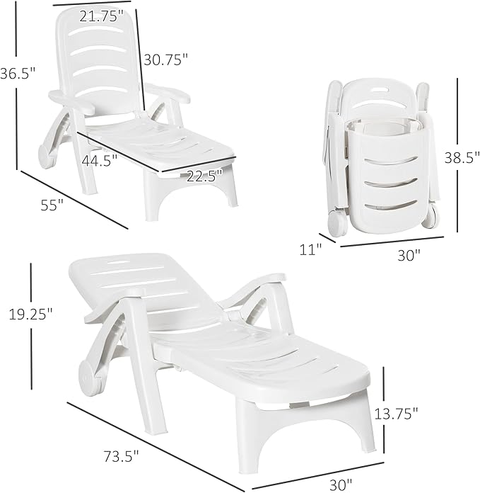 Outsunny Outdoor Chaise Lounge, 5 Level Adjustable Backrest Lounge Chair with Wheels, Folding Tanning Chair for Pool, Beach, Patio, Garden, White
