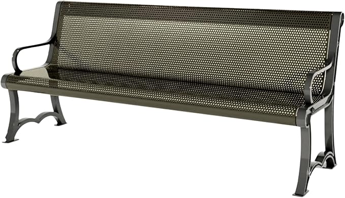 COATEDOUTDOORFURNITURE Heavy-Duty Outdoor Bench Thermoplastic Coated, Punched Steel, Commercial-Grade Garden Bench, Made in America (Portable with Back, 4 Ft, Textured Gold Vein)