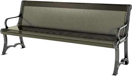 COATEDOUTDOORFURNITURE Heavy-Duty Outdoor Bench Thermoplastic Coated, Punched Steel, Commercial-Grade Garden Bench, Made in America (Portable with Back, 4 Ft, Textured Gold Vein)