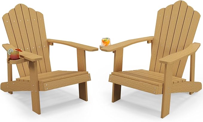 Tangkula Oversized Adirondack Chair, Patio Lounge Chairs w/Adjustable Cup Holder, HIPS Armchairs Slatted Chair, Outdoor Weather Resistant Fire Pit Chair for Deck Backyard Garden Porch (2, Teak)