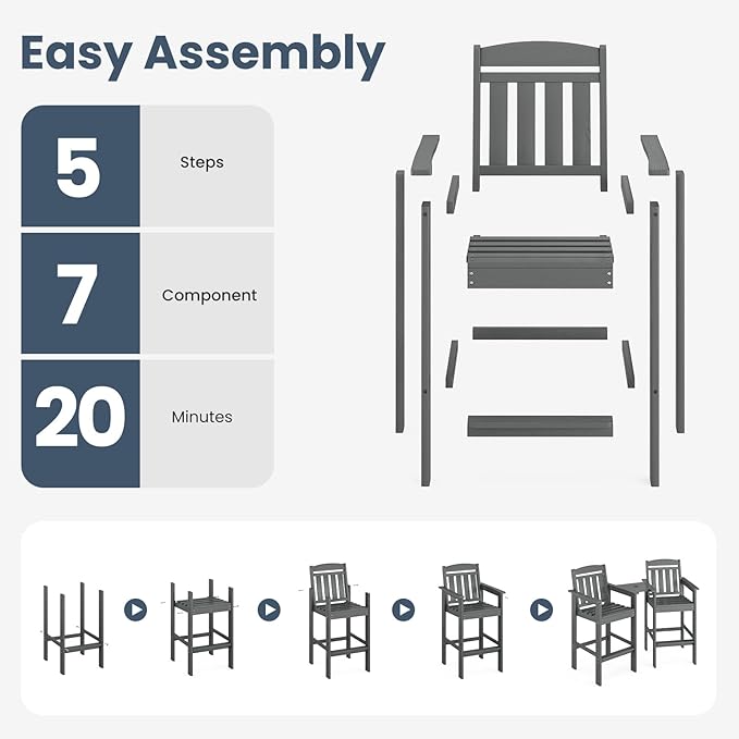 Soohow Tall Adirondack Chairs Set of 4, HDPE Adirondack Bar Stools with Connecting Tray, Bar Height Adirondack Chair Patio Barstool, Ideal All Weather Tall Patio Chair for Balcony, Poolside, Backyard