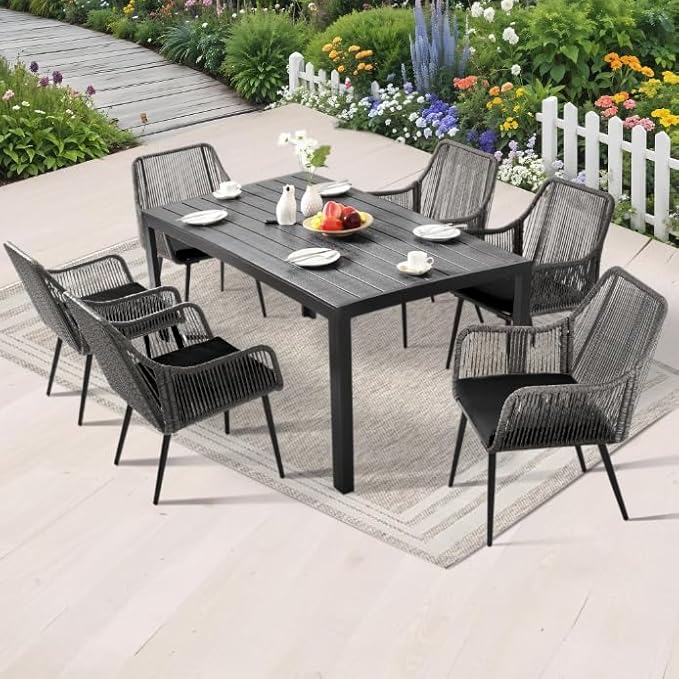 Patio Dining Chairs, Outdoor Dining Chairs with Armrest and Cushion Set of 6, Woven Twisted Wicker Rattan Chair, Modern Indoor Outdoor Seating for Garden, Lawn, Backyard, Grey