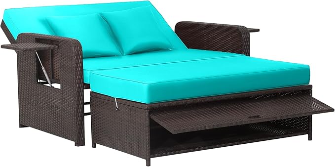 COSTWAY Patio Rattan Daybed with Cushions, Outdoor Wicker Loveseat Sofa with Storage Ottoman - Photo 1