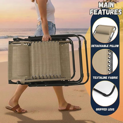 EZONE Zero Gravity Lounge Chairs Outdoor Adjustable Reclining Patio Chair Steel Mesh Folding Recliner for Pool Beach Camping Lounge Chair with Pillows and Cup Tray (2, Beige)