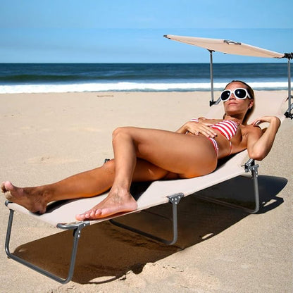 Giantex Tanning Chair, Patio Chaise Lounge Chair with 5 Adjustable Position, Shade Canopy, Storage Pocket, Camping Cot, Outdoor Sunbathing Recliner for Poolside, Lawn Folding Beach Chairs(2, Beige)