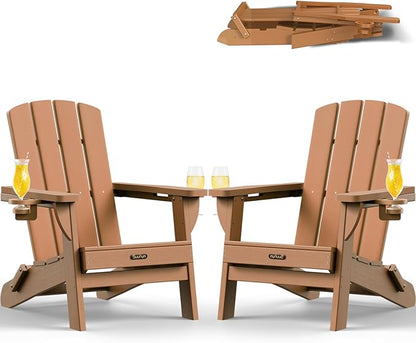 Folding Adirondack Chair 2 Pack, HDPE All-Weather Fire Pit Chairs, Plastic Adirondack Chairs with 2 Cup Holder, Outdoor Lawn Chair for Patio Garden (Teak)