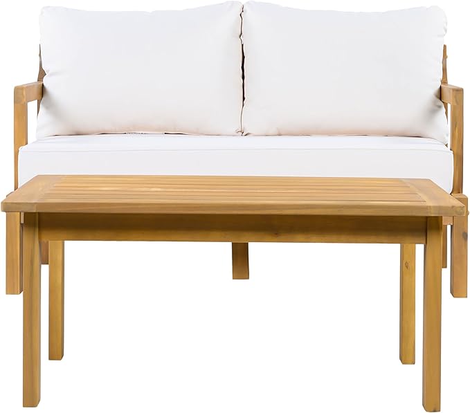 2 Pieces Patio Furniture Chat Set, Outdoor Cushioned Loveseat with Acacia Wood Coffee Table for Backyard, Balcony - Photo 4