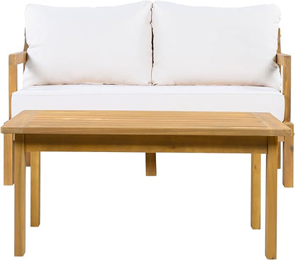 2 Pieces Patio Furniture Chat Set, Outdoor Cushioned Loveseat with Acacia Wood Coffee Table for Backyard, Balcony, Deck and Poolside, Beige+Natural