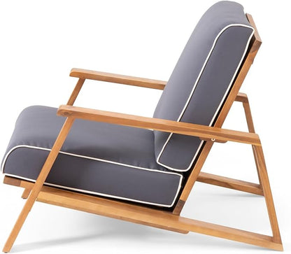 Merax Acacia Wood Outdoor Chaise Lounge Chair, Patio Reading Lazy Recliner Sofa Couches Seating with Weather-Resistant Upholstered Cushions for Balcony Outside Pool, Dark Grey