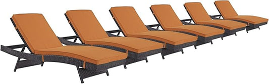 Modway Convene Wicker Rattan Outdoor Patio Chaise Lounge Chairs in Espresso Orange - Set of 6