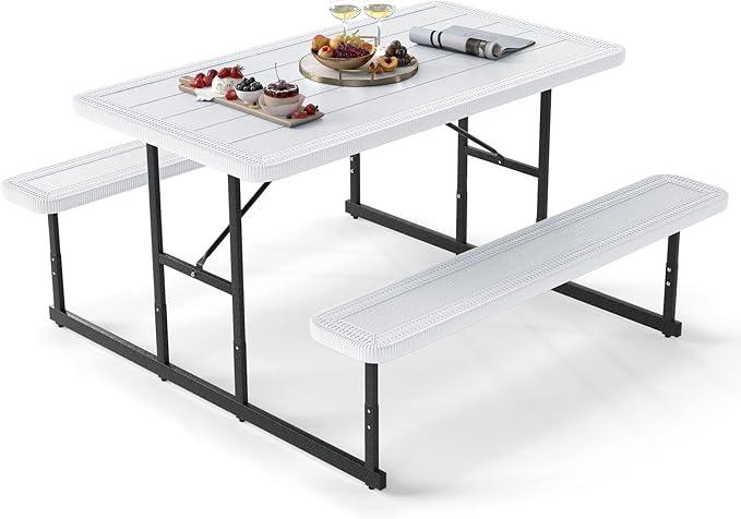 Giantex Picnic Table Bench Set for 4 People, 4.5FT Outdoor Rectangular Dining Table & 2 Benches w/Umbrella Hole - Photo 1
