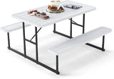 Giantex Picnic Table Bench Set for 4 People, 4.5FT Outdoor Rectangular Dining Table & 2 Benches w/Umbrella Hole - Photo 1