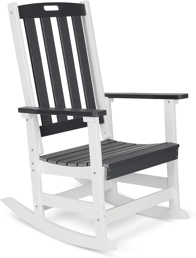 Aoodor Outdoor Rocking Chair, Ergonomic HDPE Rockers with All-Weather Design for Patio or Porch, Clashing Colors, Dark Gray and White