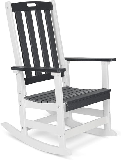 Aoodor Outdoor Rocking Chair, Ergonomic HDPE Rockers with All-Weather Design for Patio or Porch, Clashing Colors, Dark Gray and White
