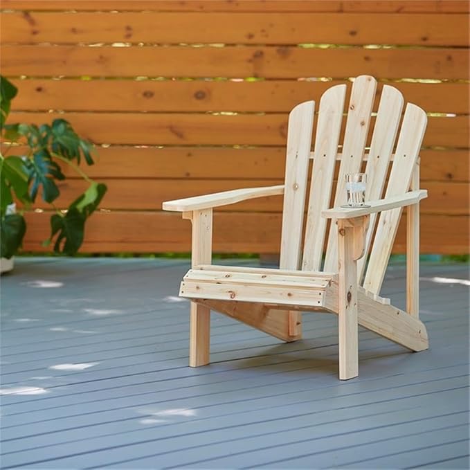 Pemberly Row Traditional Cedar Wood Patio Porch Adirondack Chair, Beige Finish, Ergonomic Design with Contoured Seat and Wide Arms, 36" H x 35" W x 26.25" D, Outdoor Furniture for Relaxation
