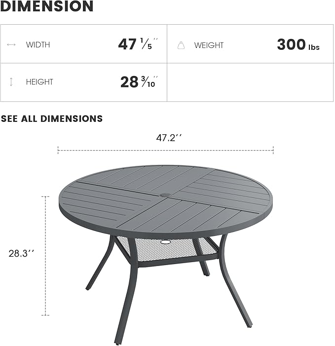 Patio Dining Table for 4-6, Round Metal Outdoor Table with Storage Shelf, 1.57" Umbrella Hole, 47" Outdoor Quartered Tabletop Dining Table for Backyard, Porch, Lawn, Dark Grey