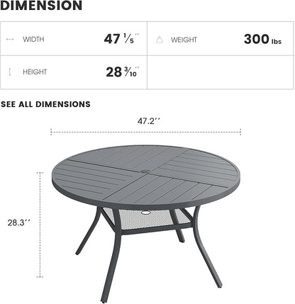 Patio Dining Table for 4-6, Round Metal Outdoor Table with Storage Shelf, 1.57" Umbrella Hole, 47" Outdoor Quartered Tabletop Dining Table for Backyard, Porch, Lawn, Dark Grey