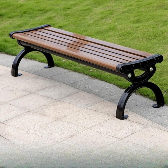 LITFAD Outdoor Bench Modern Park Bench with Corrosion Resistant Metal Frame, Dark Brown Wooden Seating Without Backrest, Garden Bench for Patio, Lawn, Yard, Porch - Type G, 71" L x 17" W x 17" H