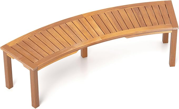 RELAX4LIFE Wooden Outdoor Curved Bench - Acacia Wood Garden Bench w/Slatted Seat, 2-Person Outside Backless Seating for Porch Backyard Deck Park, 800 LBS Load Capacity, Patio Fire Pit Bench (1, 58'')