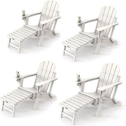 VINGLI Folding Adirondack Chair Set of 4 with Ottoman, Waterproof Plastic HDPE Firepit Chair for Outside with Hidden Footrests, Foldable Ergonomics Seating for Patio Porch Yard Garden(White)