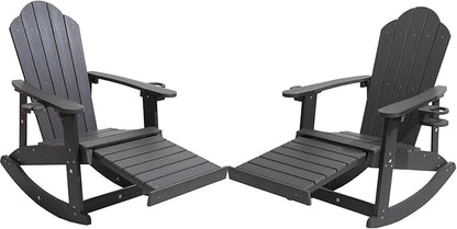 Adirondack Rocking Chair Set of 2, Weather-Resistant and Durable, with Cup Holder and Footstool，Outdoor Rocking Chair Suitable for Porch,Courtyard,Balcony,Corridor,Backyard，Grey
