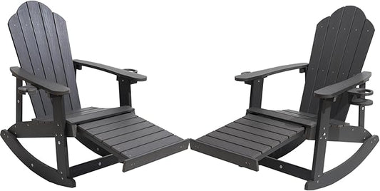 Adirondack Rocking Chair Set of 2, Weather-Resistant and Durable, with Cup Holder and Footstool，Outdoor Rocking Chair Suitable for Porch,Courtyard,Balcony,Corridor,Backyard，Grey