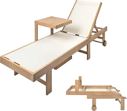 JONATHAN Y Trabuco Coastal Modern Acacia Wood Mesh 5-Position Outdoor Foldable Chaise Lounge Set with Side Table, White/Light Teak