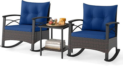 ORALNER 3-Piece Wicker Rocking Chair Set, Outdoor Cushioned Rocker and Acacia Wood Side Table, 400lbs Capacity, PE Rattan Patio Conversation Bistro Set for Porch, Garden, Deck, Poolside, Yard (Navy)