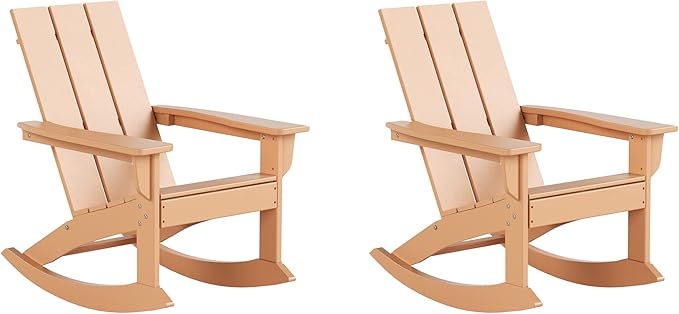 WestinTrends Ashore Patio Rocking Chairs Set of 2, All Weather Poly Lumber Plank Adirondack Rocker Chair, Modern Farmhouse Outdoor Rocking Chairs for Porch Garden Backyard and Indoor, Teak