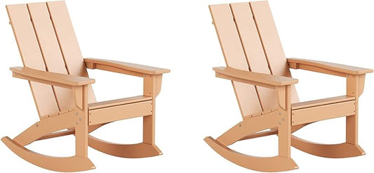 WestinTrends Ashore Patio Rocking Chairs Set of 2, All Weather Poly Lumber Plank Adirondack Rocker Chair, Modern Farmhouse Outdoor Rocking Chairs for Porch Garden Backyard and Indoor, Teak