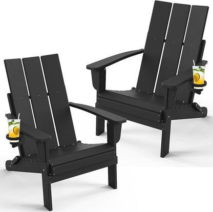 Adirondack Chair with Cup Holder Set of 2, Folding Outdoor Lawn Chair, HDPE Plastic Fire Pit Chair, Weather Resistant Patio Chairs for Deck, Porch, Backyard, Garden, Black