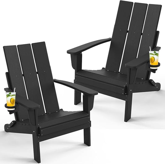 Adirondack Chair with Cup Holder Set of 2, Folding Outdoor Lawn Chair, HDPE Plastic Fire Pit Chair, Weather Resistant Patio Chairs for Deck, Porch, Backyard, Garden, Black