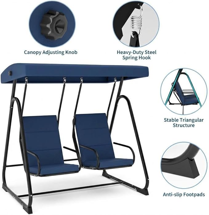 2-Person Outdoor Swing Chair with Canopy, Heavy Duty Patio Glider Bench, High Back Support, Detachable Cushions - Photo 3