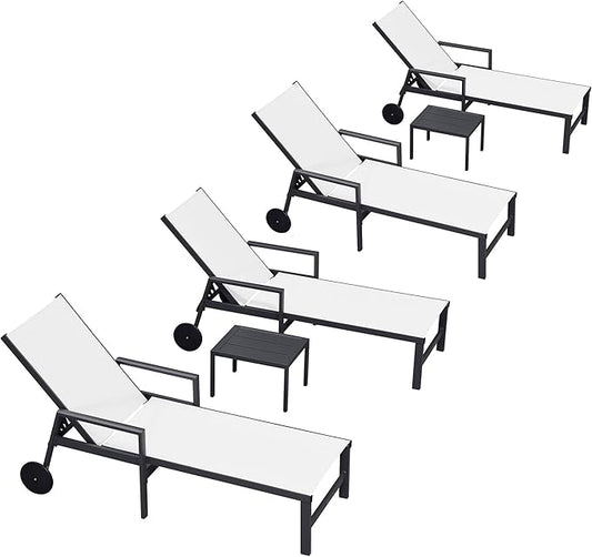 PURPLE LEAF Outdoor Chaise Lounge Set for 4 Aluminum Patio Chaise Lounger Chairs with Armrest and Wheels Adjustable Pool Chaise Lounge Chair for Beach Yard Poolside Table Included, Line