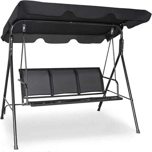 TANGKULA 3 Person Patio Swing, Steel Frame with Polyester Angle Adjustable Canopy, All Weather Resistant Swing Bench, Suitable for Patio, Garden, Poolside, Balcony (Black)