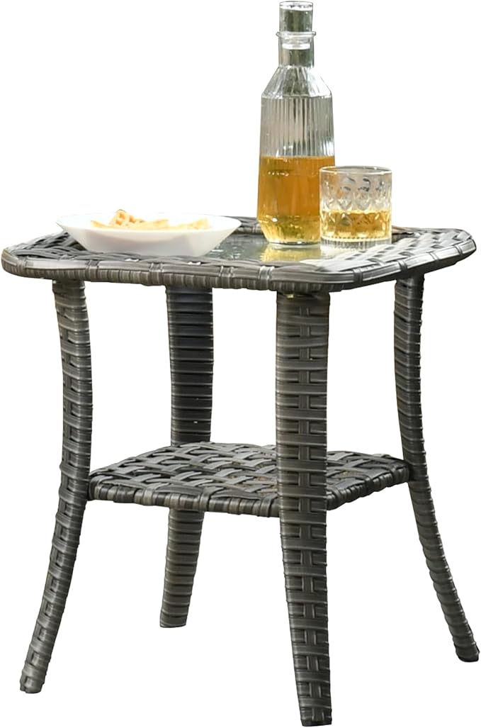 ovios Outdoor Side Table with Tempered Glass Top, Patio Wicker Rattan Bistro Coffee Tables with 2 Tiers Storage for Porch Deck Balcony Garden Poolside, Grey