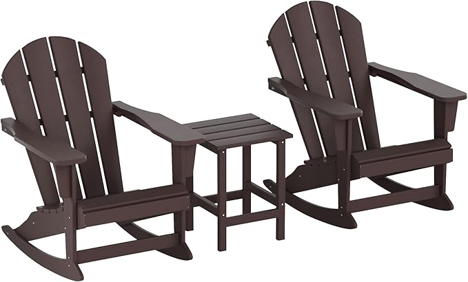 WO WESTIN OUTDOOR HDPE Laguna Outdoor Rocking Poly Adirondack Chair with Side Table 3-Piece Set, Dark Brown