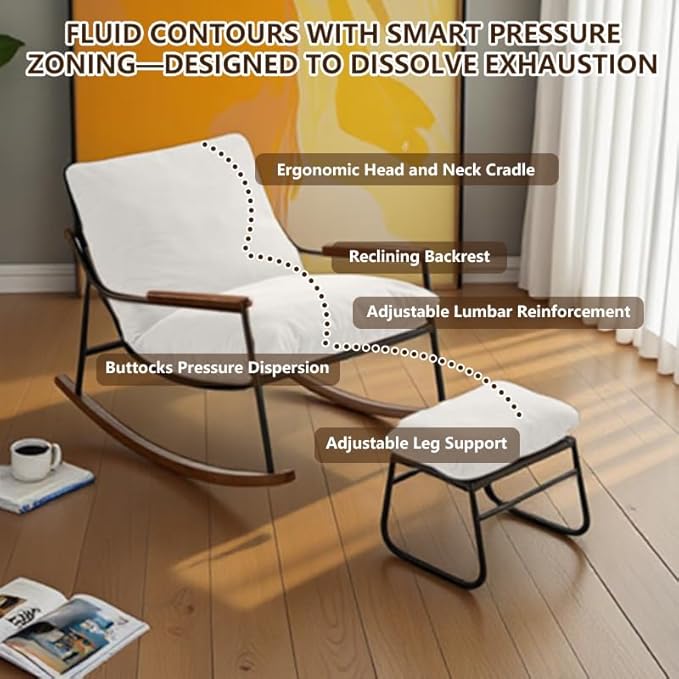 Comfortable Glider Rocking Chair with Footrest, Reclining Lounge Chair with Soft Cushions, High Back and Armrests, Indoor & Outdoor Patio Rocker for Living Room, Bedroom or Office, White