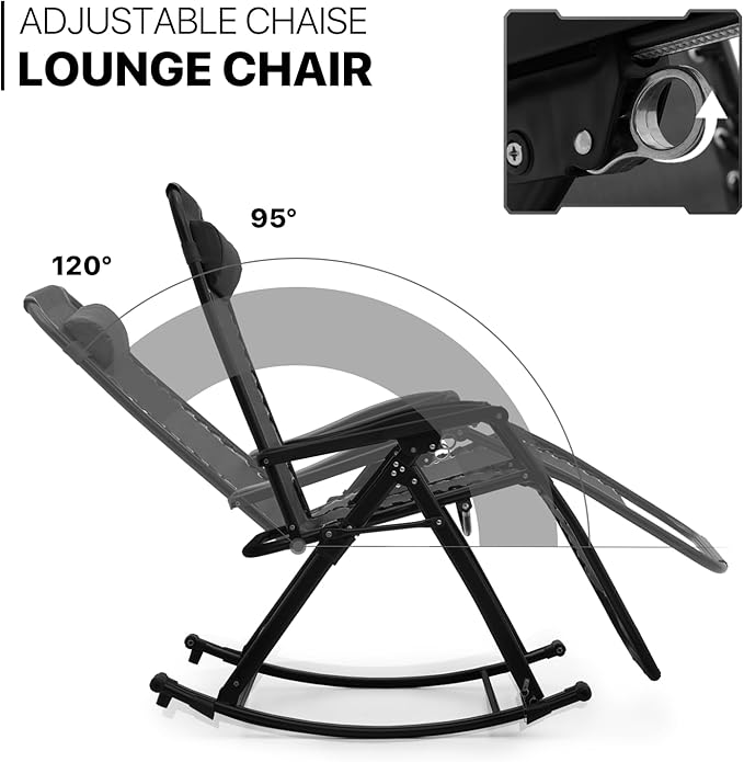 MoNiBloom Rocking Lounger Outdoor Chair Set of 2, Portable High Back Compact Foldable Reclining Zero Gravity Lounge Patio Rocking Chair with Adjustable Armrest and Footrest for Beach Yard Pool Outdoor