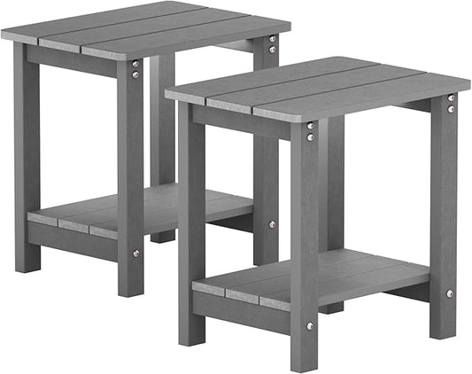 MXIMU Outdoor Side Table for Patio: 16" HIPS Weatherproof Adirondack Table Set of 2 - Small End Tables with Storage for Outside Porch Deck Pool Lawn Garden - 2 Tier Easy Assembly No Maintenance Grey