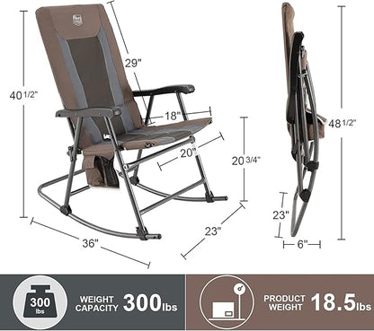 TIMBER RIDGE Outdoor Folding Rocking Chair, 29" Padded High Back Neck & Back Support, Hard Armrests for Easy Stand Up, Stable Steel Frame Supports 300 lb, Quick Fold for Patio, Lawn & RV Camping,Brown