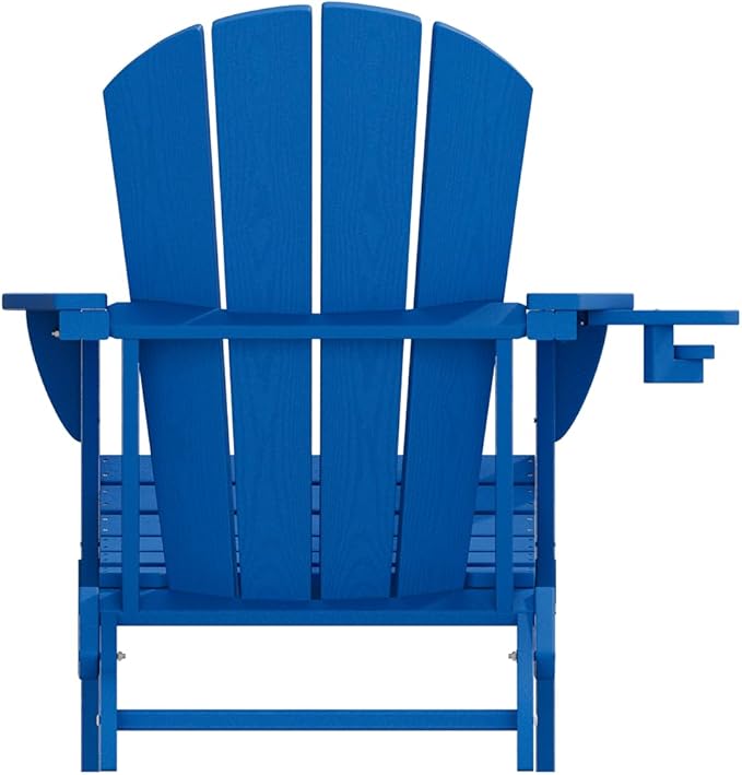 Folding Adirondack Chair with Cup Holders Set of 2, HDPE Plastic Outdoor Chairs, Weather Resistant, Real Wood Look for Patio, Deck, Fire Pit, Backyard, Blue