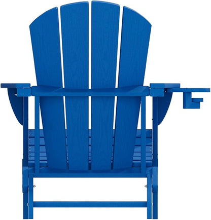 Folding Adirondack Chair with Cup Holders Set of 2, HDPE Plastic Outdoor Chairs, Weather Resistant, Real Wood Look for Patio, Deck, Fire Pit, Backyard, Blue