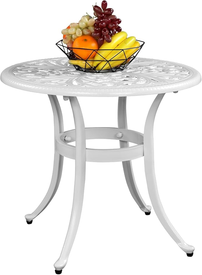 Bonnlo 23.6 Inch Cast Aluminum Outdoor Side Table with Umbrella Hole, Anti-Rust Coffee Bistro Table for Outdoor, Patio, Garden, Porch, Balcony End Table (Round, White)