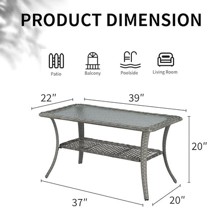 VINGLI Outdoor Coffee Table with Storage Wicker Patio Coffee Table, Tempered Glass Top Coffee Table for Patio Outside Balcony Porch Deck (Grey)
