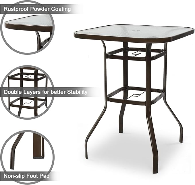 VINGLI Outdoor Bar Table with Umbrella Hole, Metal Patio Bar Height Pub Table for Patio High Top (Brown) - Photo 4