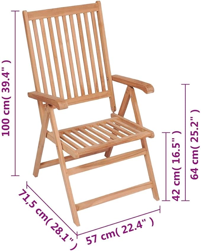 6 Pack Foldable Teak Patio Recliner Chairs, 28.1" W x 42.9" H Solid Wood Outdoor Dining Seats, 7-Position Reclining Lawn Chairs for Garden, Balcony, Deck, Brown