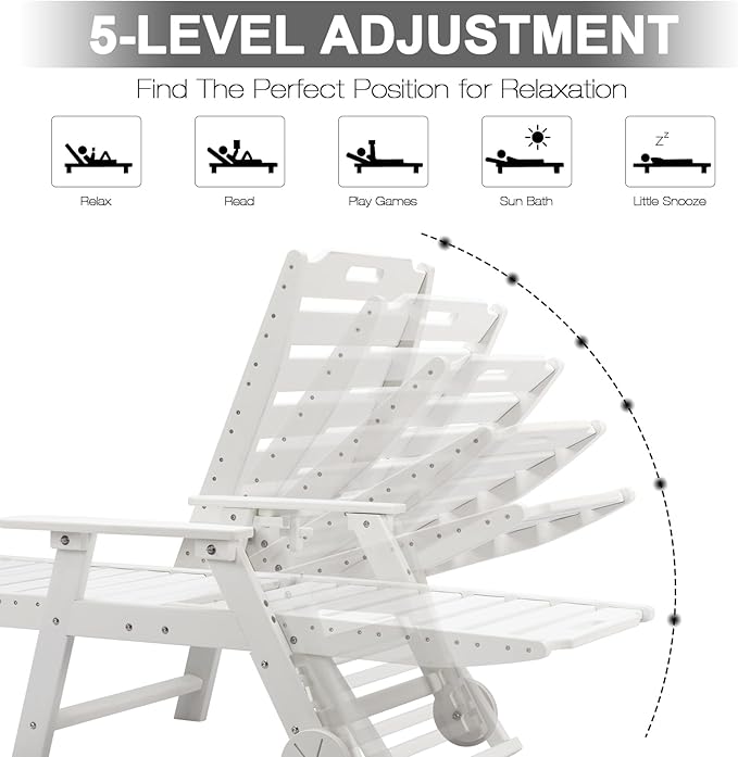 VINGLI HDPE Outdoor Chaise Lounge Chair Set of 2 with Wheels, Patio Lounge Chairs with 5-Position Adjustable Backrest - Photo 3