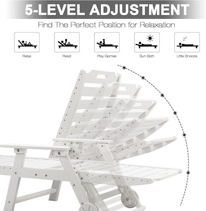 VINGLI HDPE Outdoor Chaise Lounge Chair Set of 2 with Wheels, Patio Lounge Chairs with 5-Position Adjustable Backrest, Chaise Lounge for Outside Pool Poolside Deck Backyard Lawn (White, 2 PCS)